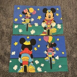 VintageSet (2) Standard Disney Mickey Minnie Mouse Pillow Case Bicycle USA 90s